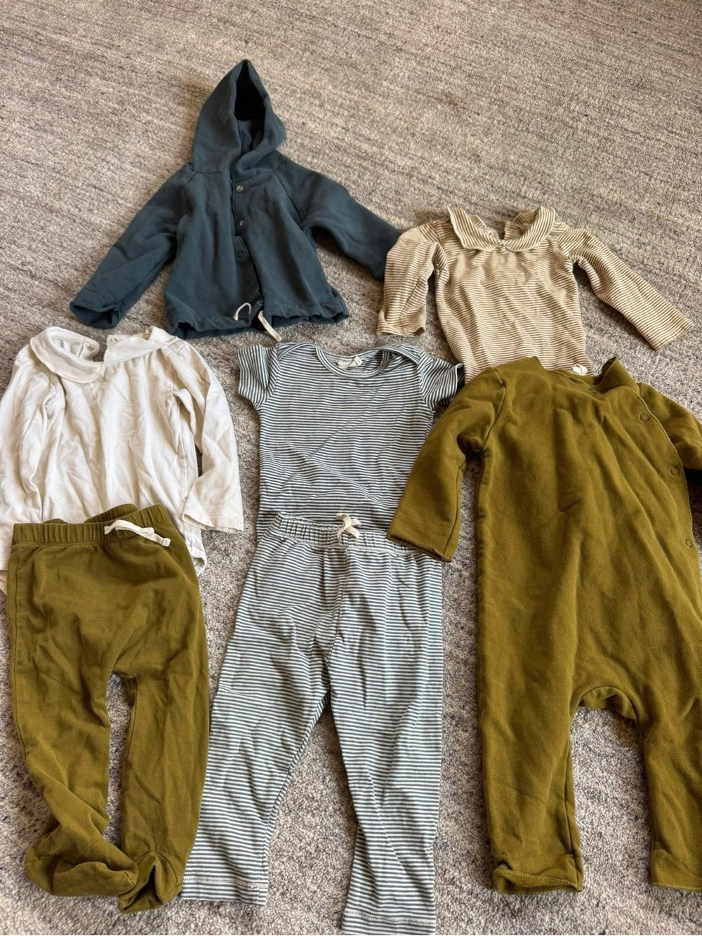 Gray Label Olive Green & Navy Bottoms Set - Striped Romper & Pants